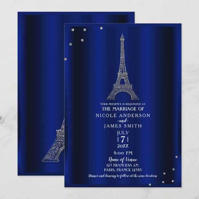 Invitation Tour Eiffel Mariage Paris Bleu Royal et Argent (Devant / Derrière)