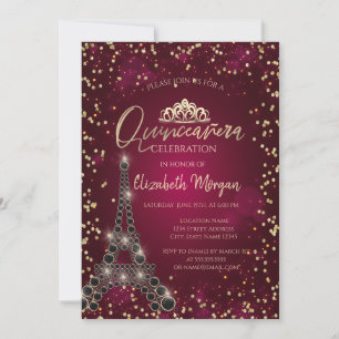 Invitation Tour Eiffel Noir, Diamants Quinceañera Bourgogne