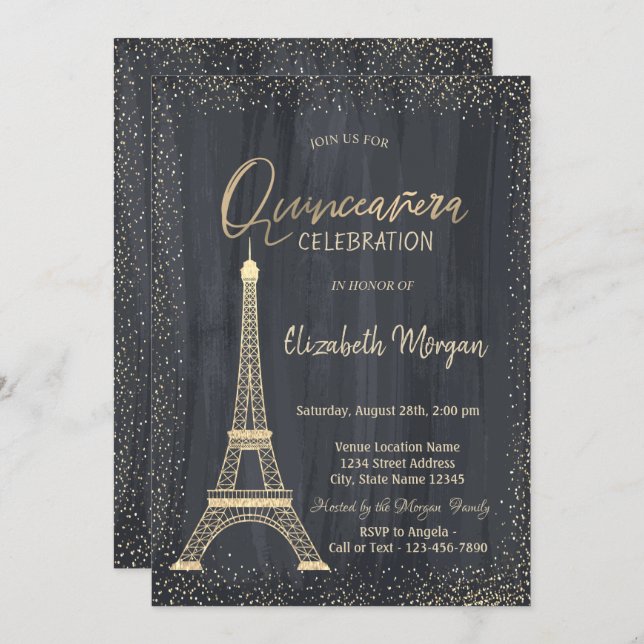Invitation Tour Eiffel Or Confetti Quinceanera (Devant / Derrière)