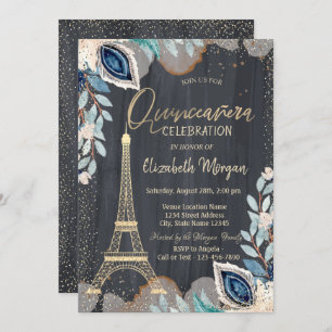 Invitation Tour Eiffel Or, Fleurs, Quinceañera Noir