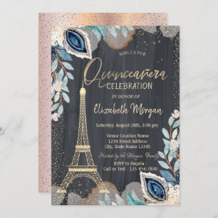 Invitation Tour Eiffel or, Fleurs, Quinceanera or Rose