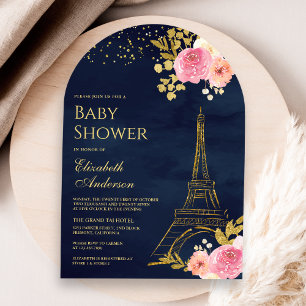 Invitation Tour Eiffel Or Rose Florale Or Baby Shower Bleu Ma