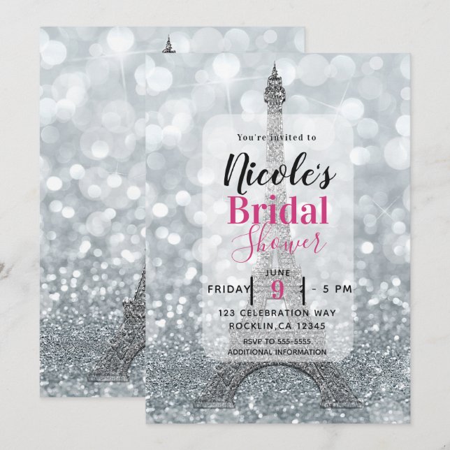 Invitation Tour Eiffel Pailleté Mariage Fête (Devant / Derrière)