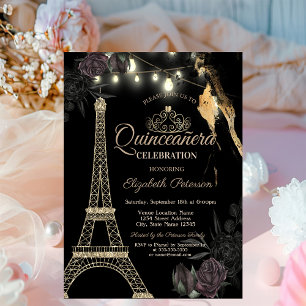 Invitation Tour Eiffel Pailleté Or Roses Noires Quinceañera