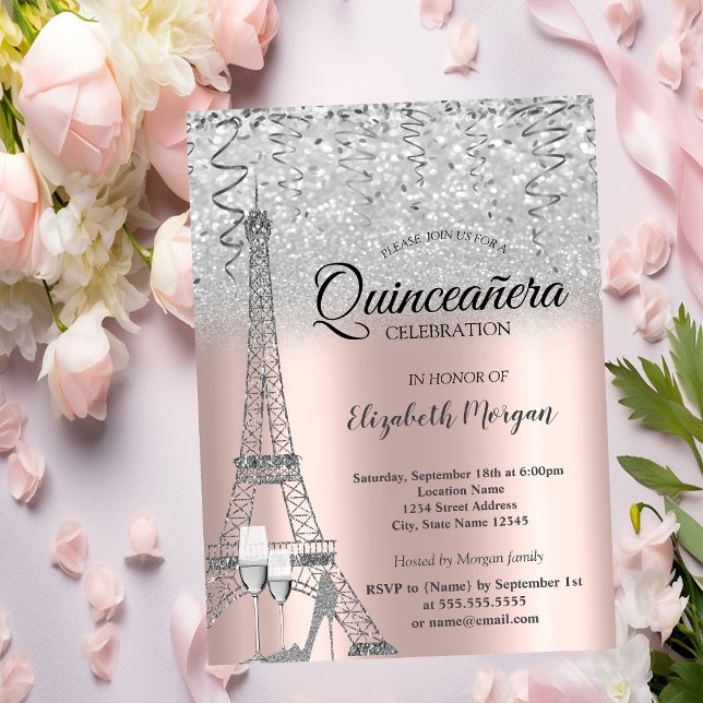 Invitation Tour Eiffel pailletée argent, Rose Or Verre  (Créateur téléchargé)