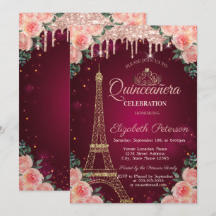 Invitation Tour Eiffel pailletée Dégoulinements Floral Quince