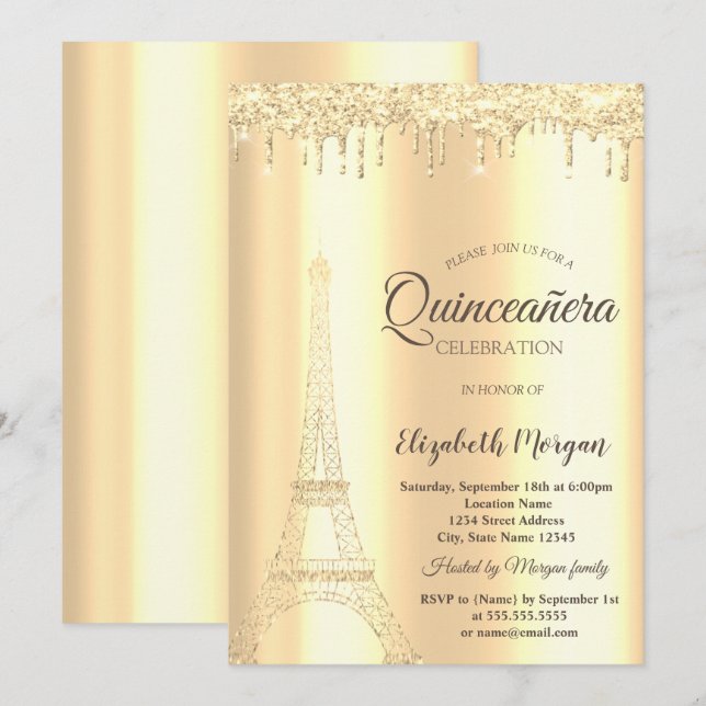 Invitation Tour Eiffel pailletée or chic, gouttes Quinceañera (Devant / Derrière)