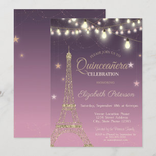 Invitation Tour Eiffel pailletée or, Quinceañera bordeaux