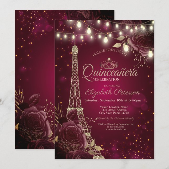 Invitation Tour Eiffel pailletée, Roses bourguignonnes Quince (Devant / Derrière)