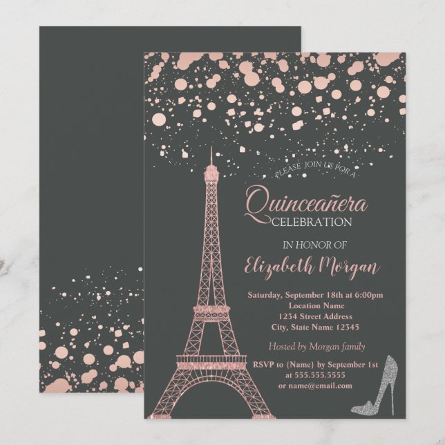 Invitation Tour Eiffel pailletée, talons points Quinceañera (Devant / Derrière)