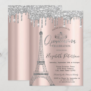 Invitation Tour Eiffel pailletée, Tiara, Gouttes d'argent pou