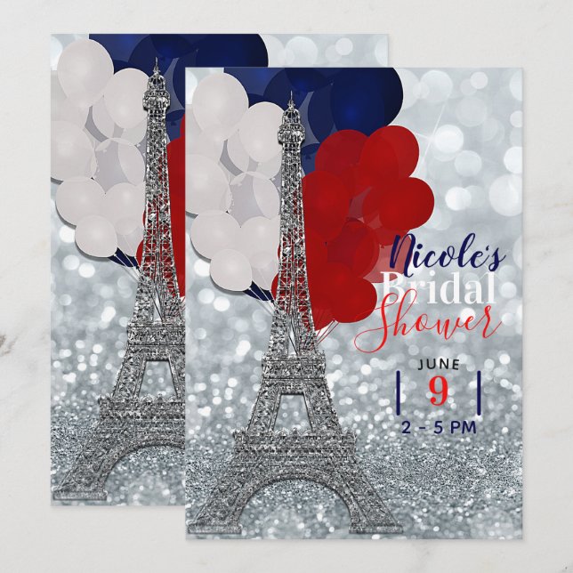 Invitation Tour Eiffel Paillettes Argentées Fête Rouge Blanc  (Devant / Derrière)