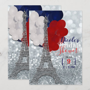 Invitation Tour Eiffel Paillettes Argentées Fête Rouge Blanc