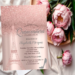 Invitation Tour Eiffel Paillettes Or Rose, Talons Quinceañer