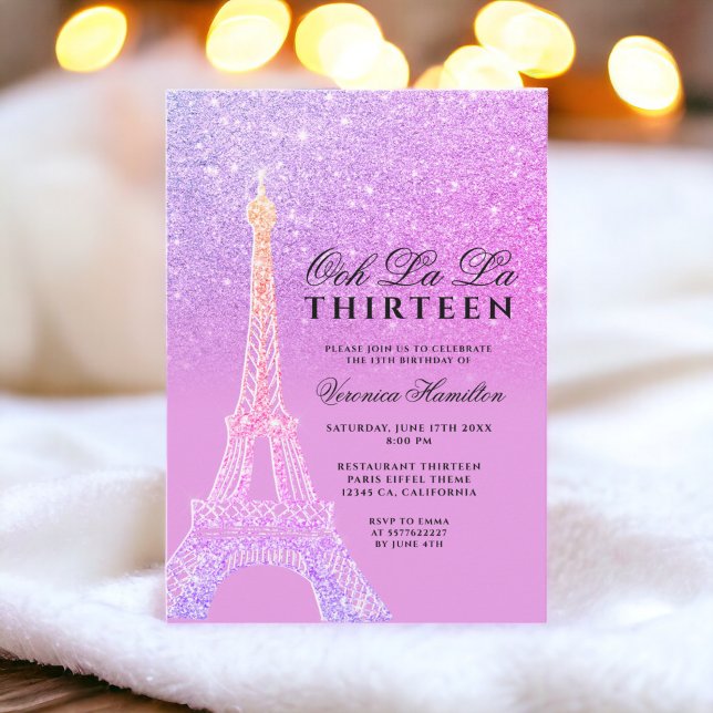 Invitation tour Eiffel paillettes violet rose chic treize (Eiffel tower purple glitter pink chic thirteen invitation)