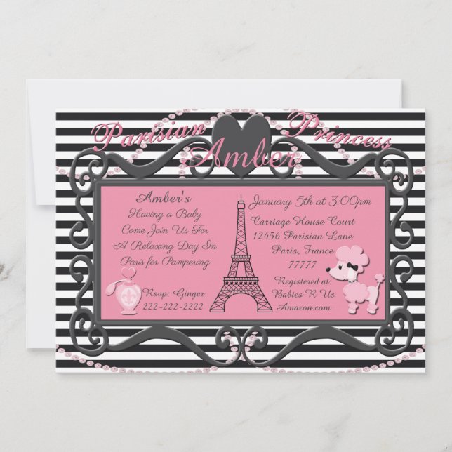 Invitation Tour Eiffel Paris Baby shower de caniche rose Invi (Devant)