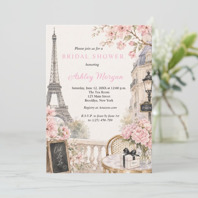 Invitation Tour Eiffel Paris Fleurs Roses Baby Shower (Debout devant)