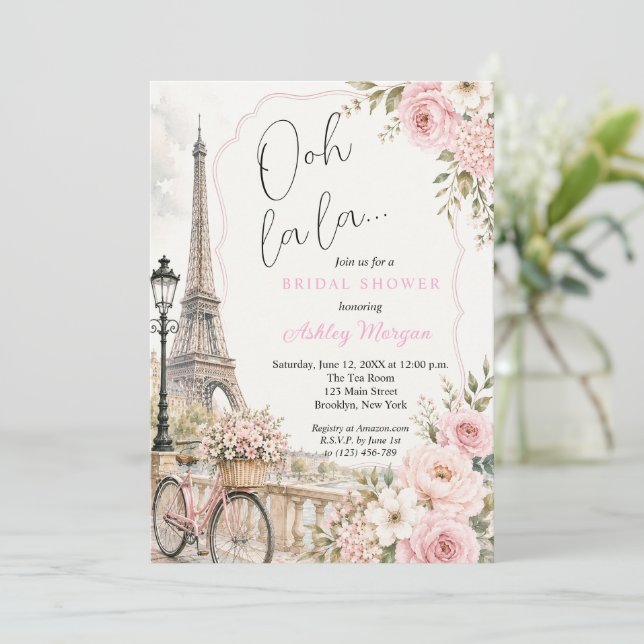 Invitation Tour Eiffel Paris Fleurs Roses Baptême de Mariée (Debout devant)