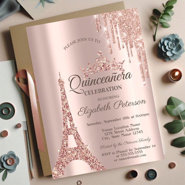 Invitation Tour Eiffel Paris, Rose Drift Gold Quinceañera (Créateur téléchargé)