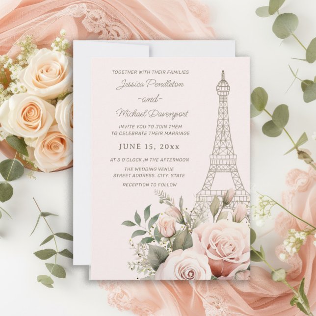 Invitation Tour Eiffel Paris Roses Roses Rouges Mariage (Eiffel Tower Pink Roses wedding invitation)