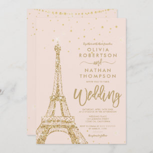 Invitation Tour Eiffel parties scintillant dorée mariage rose