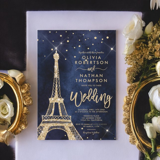 Invitation Tour Eiffel parties scintillant or chic mariage ét (Eiffel tower chic gold glitter sparkle wedding invitation)