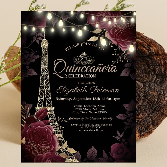 Invitation Tour Eiffel parties scintillant, Quinceañera Rose  (Créateur téléchargé)