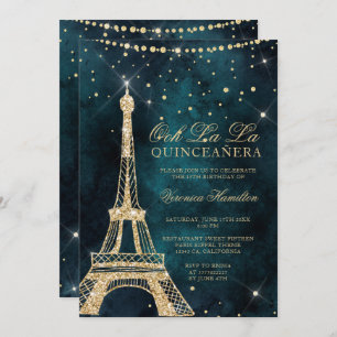 Invitation Tour Eiffel parties scintillant turquoise or scint
