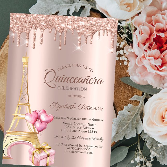 Invitation Tour Eiffel Présent Ballons Rose Gold Gouttes  (Créateur téléchargé)
