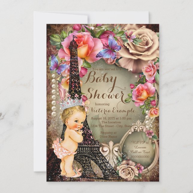 Invitation Tour Eiffel Princesse Vintage Bébé Fille Paris (Devant)