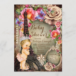 Invitation Tour Eiffel Princesse Vintage Bébé Fille Paris