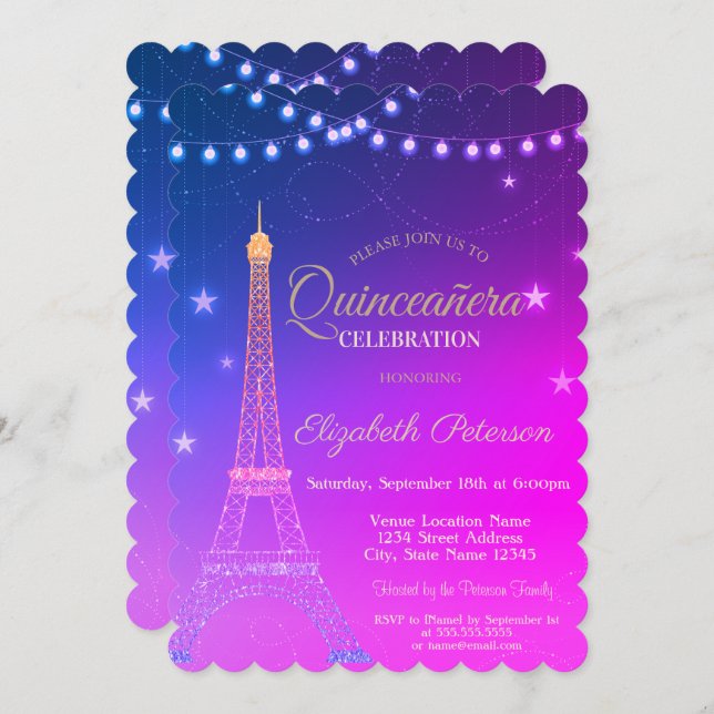 Invitation Tour Eiffel, Quinceañera Bourgogne En (Devant / Derrière)