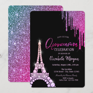 Invitation Tour Eiffel Quinceañera gouttes de paillettes de