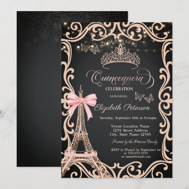 Invitation Tour Eiffel Robe Cadre Arc Bow Papillon Paillettes (Devant / Derrière)