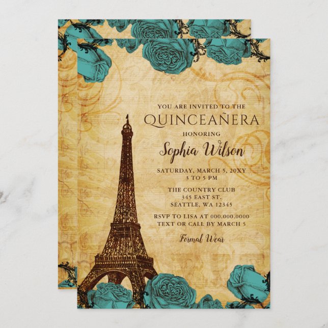 Invitation Tour Eiffel Rose bleue vintage Quinceañera (Devant / Derrière)
