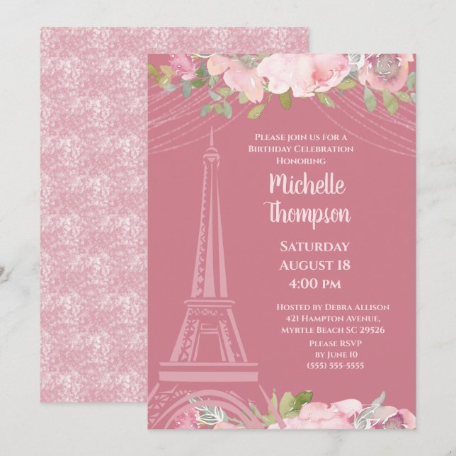 Invitation Tour Eiffel Rose Élégante Paris Anniversaire (Devant / Derrière)