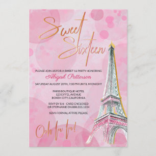 Invitation Tour Eiffel rose et or féminine Paris Sweet 16
