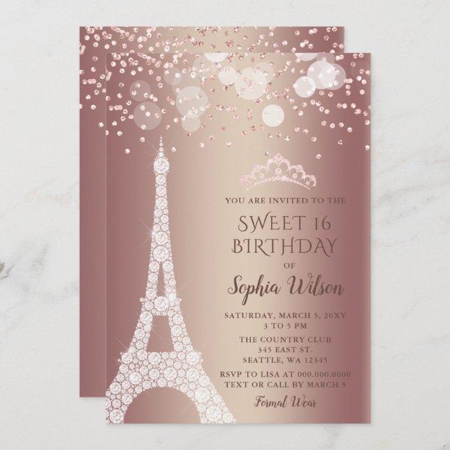 Invitation Tour Eiffel Rose Gold Sparkle Parties scintillant  (Devant / Derrière)