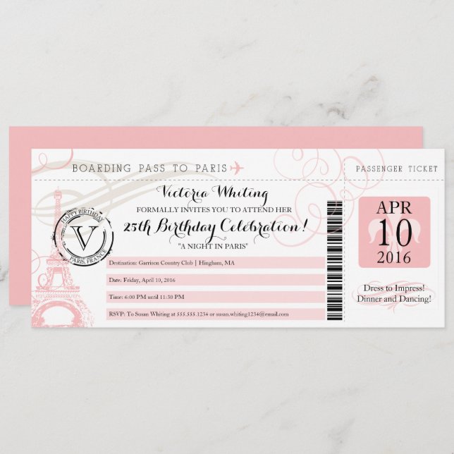 Invitation Tour Eiffel rose Nuit à Paris Anniversaire (Devant / Derrière)