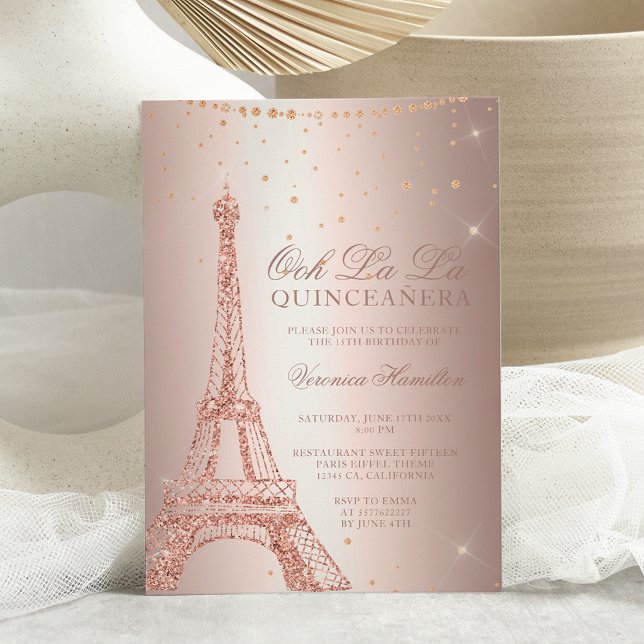 Invitation Tour Eiffel rose or métal feuille quinceanera (Créateur téléchargé)