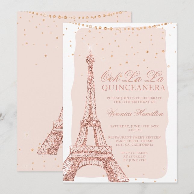 Invitation Tour Eiffel rose or parties scintillant blush quin (Devant / Derrière)
