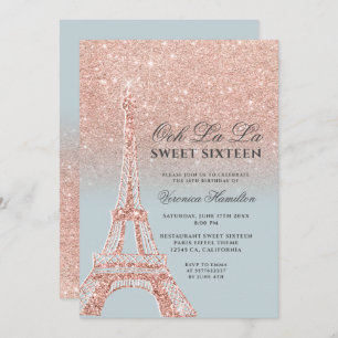 Invitation Tour Eiffel rose or parties scintillant glace bleu