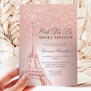 Invitation Tour Eiffel rose or parties scintillant métallique
