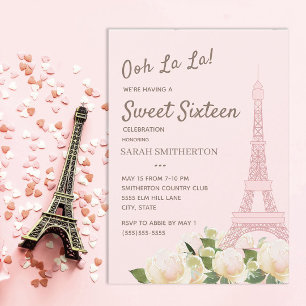 Invitation Tour Eiffel rose pâle Blanc Floral Sweet 16
