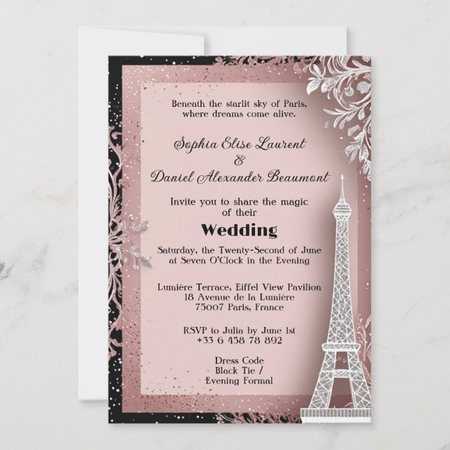 Invitation Tour Eiffel Rose Pâle Destination Mariage Paris (Devant)