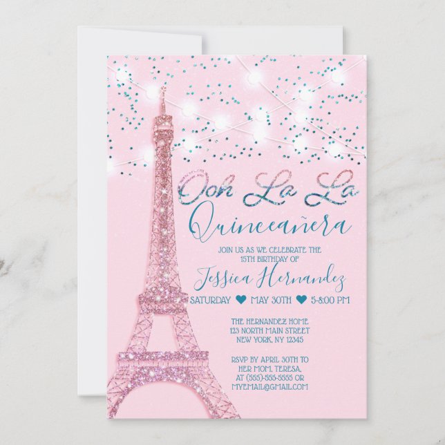 Invitation Tour Eiffel rose Paris Lumières Quinceañera (Devant)