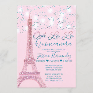 Invitation Tour Eiffel rose Paris Lumières Quinceañera