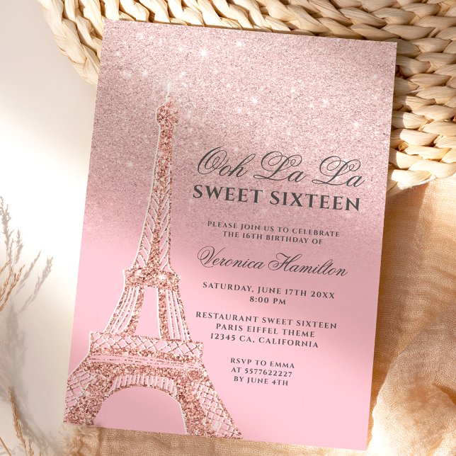 Invitation Tour Eiffel rose rose or parties scintillant Sweet (Créateur téléchargé)