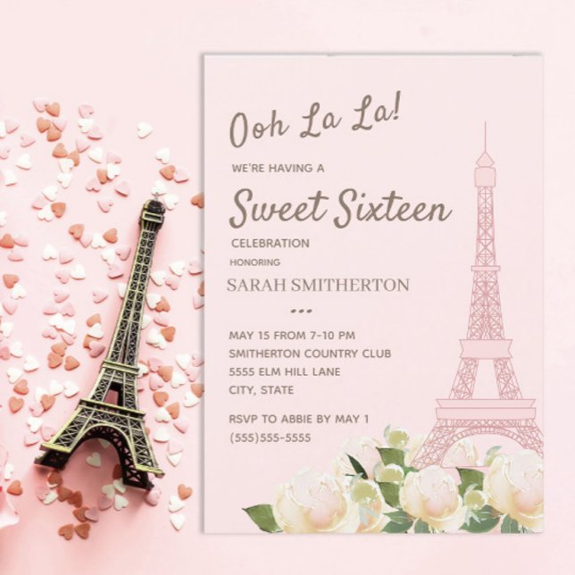 Invitation Tour Eiffel rose vif Blanc Floral Sweet 16 (Blush pink Eiffel Tower/Paris Sweet 16 birthday party invitation)