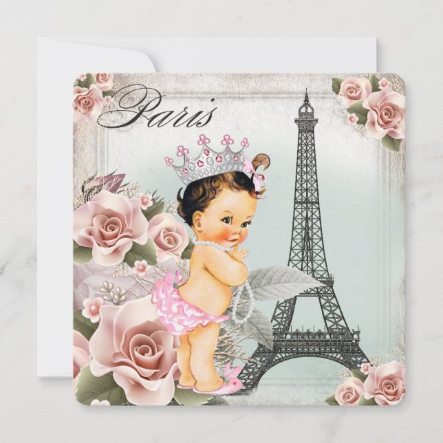 Invitation Tour Eiffel Rose Vintage Bébé Naissance Paris (Devant)